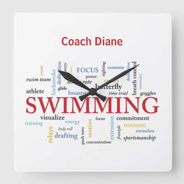 Horloge Carrée Personnaliser, Merci Entraîneur De Natation En Mot (Recto)