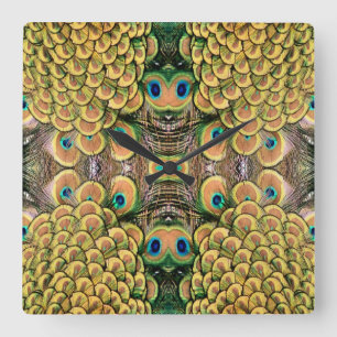 Horloge Carrée Pétales Emerald Green et Gold Peacock