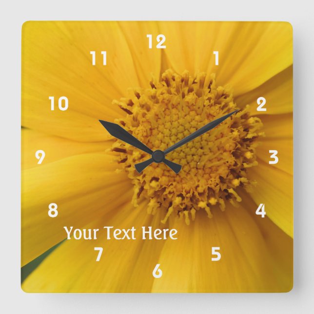 Horloge Carrée Pétales Fleur Jaune Et Centre Personnalisé (Recto)