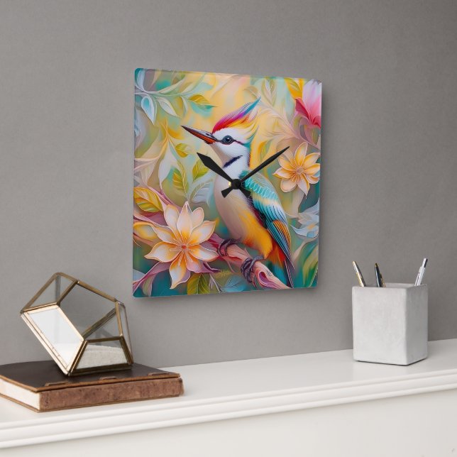 Horloge Carrée Petit arc-en-ciel Pic Imaginaire Oiseau (Bureau)