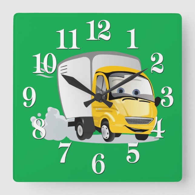 Horloge Carrée Petit Camion Cartoon Jaune pour enfants ! (Recto)