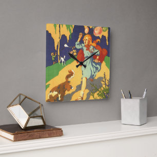 Horloge Carrée Petit Chaperon Rouge Vintage, Chien et Ballons