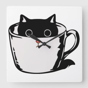 Horloge Carrée Petit chat noir avec un nez rouge se cachant dans