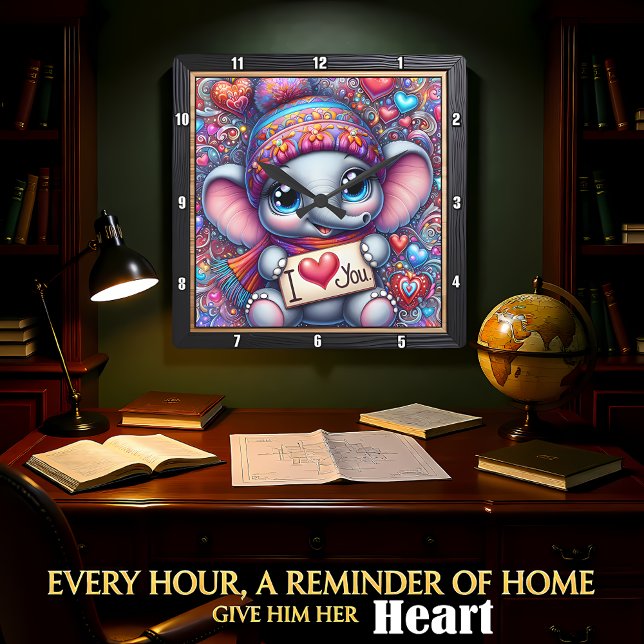Horloge Carrée Petit Éléphant Je T'Aime (Créateur téléchargé)