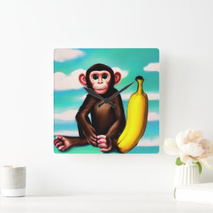 Horloge Carrée Petit singe avec un grand tableau de banane