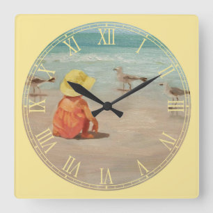 Horloge Carrée Petite fille à la plage Beaux Art chiffres romains
