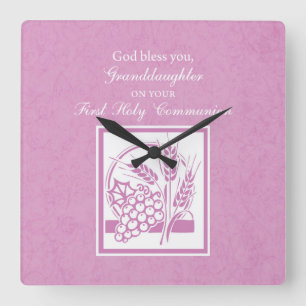 Horloge Carrée Petite-fille Première Communion, Rose