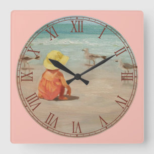 Horloge Carrée Petite fille sur la plage Beaux Art chiffres romai
