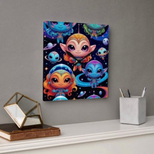 Horloge Carrée Petits Aliens Multi-Couleurs dans l'Espace