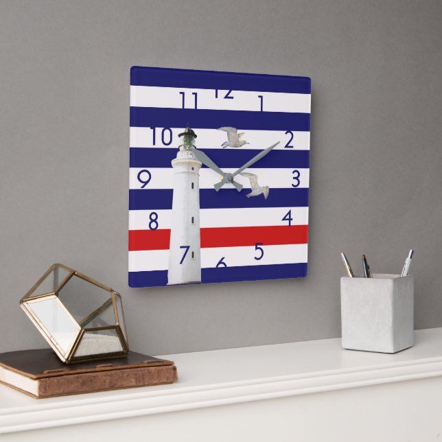 Horloge Carrée Phare bleu blanc rouge rayures nautiques (Bureau)
