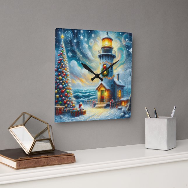 Horloge Carrée Phare de Noël Arbre Nautique Bleu Côtier (Bureau)