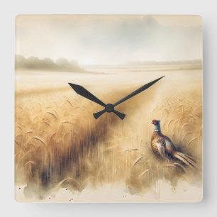 Horloge Carrée Phéasé d'automne dans la campagne du blé