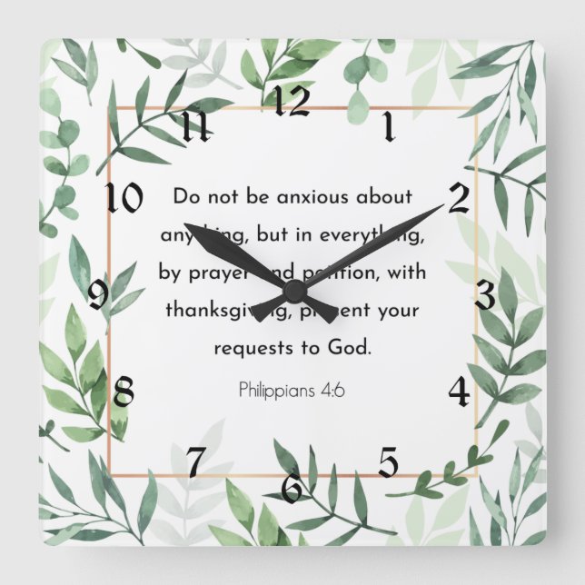 Horloge Carrée Philippians 4:6, Bible Versets, Christianity (Recto)