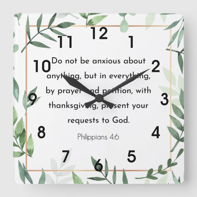 Horloge Carrée Philippiens 4:6, Verse biblique, (Recto)