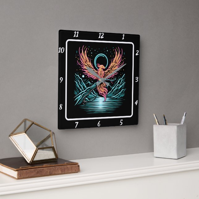 Horloge Carrée Phoenix Éternel Au-Dessus De Pics Éloignés (Bureau)
