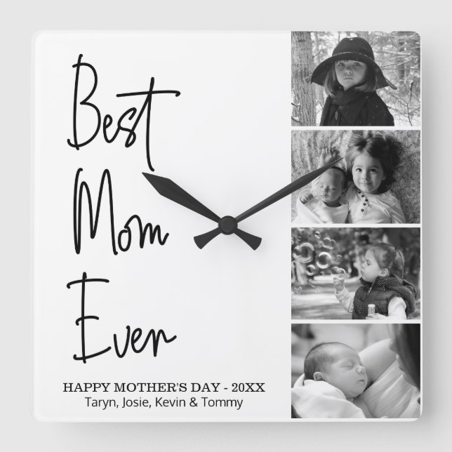 Horloge Carrée Photo Best Maman Ever Mother's Day Black and White (Recto)