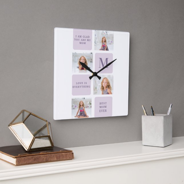 Horloge Carrée Photo Collage moderne Joyeux jour des mères violet (Bureau)
