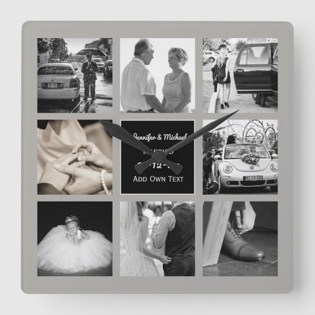 Horloge Carrée PHOTO COLLAGE Wedding Vow Renewal Anniversary Grey (Recto)