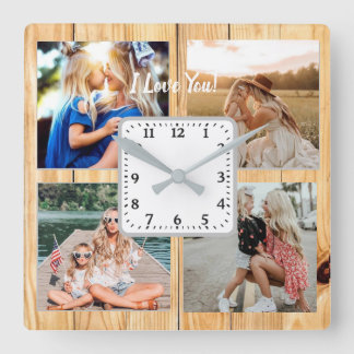 Horloge Carrée photo collage with mom, on vintage wood background