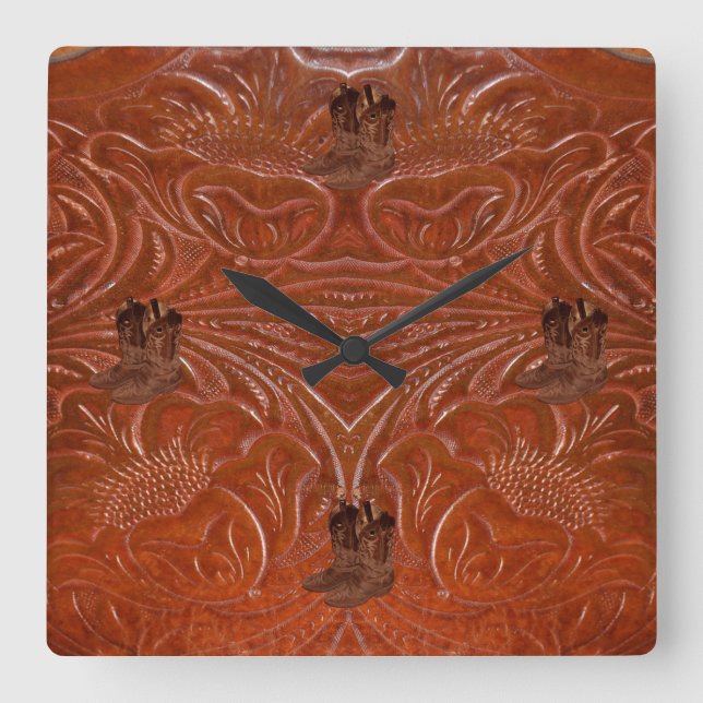 Horloge Carrée Photo de Bottes rustiques en cuir et cow-boy (Recto)
