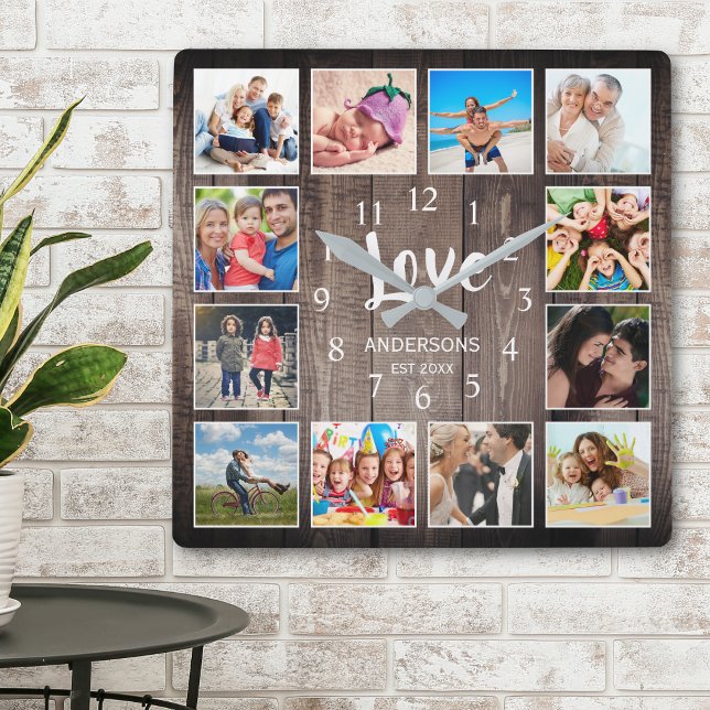 Horloge Carrée Photo de Custom Collage Rustic Farmhouse Love Fami (Créateur téléchargé)