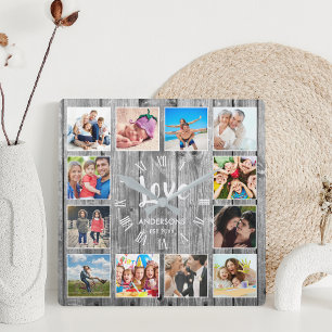 Horloge Carrée Photo de Custom Collage Rustic Farmhouse Love Fami