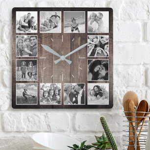 Horloge Carrée Photo de Custom Collage Rustic Farmhouse Script