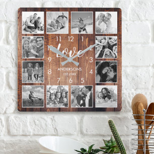 Horloge Carrée Photo de Custom Family Rustic Farmhouse Love Scrip
