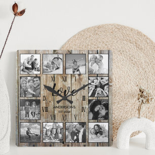 Horloge Carrée Photo de Custom Family Rustic Farmhouse Love Scrip