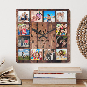 Horloge Carrée Photo de Custom Family Rustic Farmhouse Love Scrip