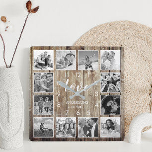 Horloge Carrée Photo de Custom Family Rustic Farmhouse Love Scrip