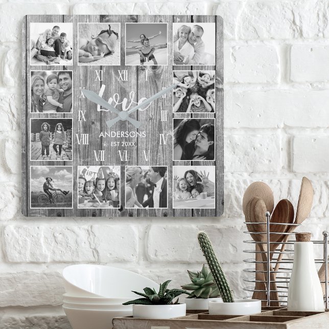 Horloge Carrée Photo de Custom Family Rustic Farmhouse Love Scrip (Créateur téléchargé)