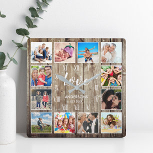 Horloge Carrée Photo de Custom Family Rustic Farmhouse Love Scrip