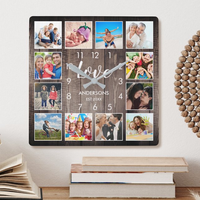Horloge Carrée Photo de Custom Family Rustic Farmhouse Love Scrip (Créateur téléchargé)