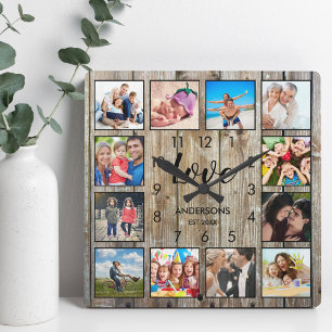 Horloge Carrée Photo de famille personnalisée Rustic Farmhouse L