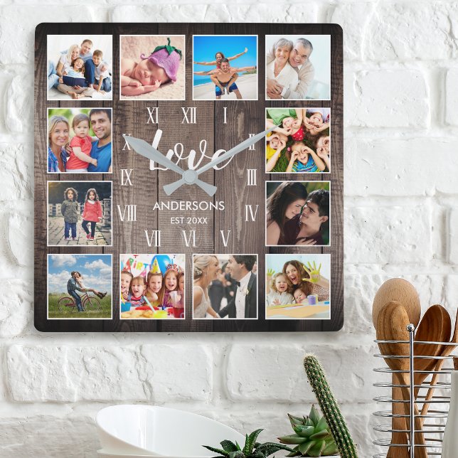 Horloge Carrée Photo de famille personnalisée Rustic Farmhouse Lo (Créateur téléchargé)