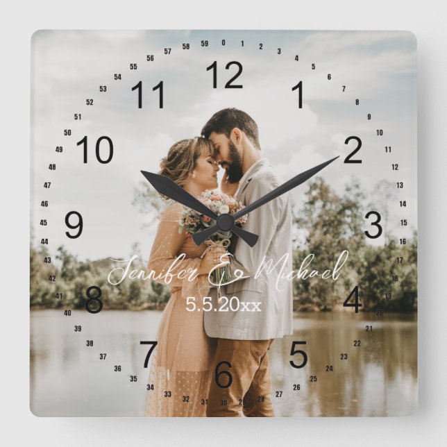 Horloge Carrée photo de jour de mariage élégant chiffres noirs (Recto)