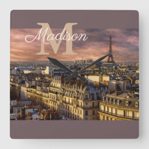 Horloge Carrée Photo du Monogramme Violet Paris France Tour Eiffe