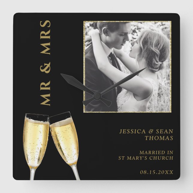 Horloge Carrée Photo élégante, Champagne Mariage (Recto)