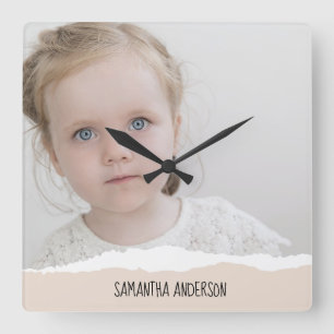 Horloge Carrée Photo et Perosnalized Text pink