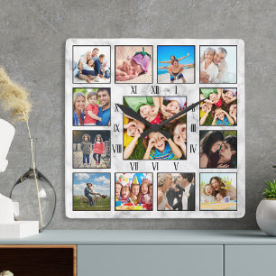Horloge Carrée Photo Famille Personnalisée Bébé Élégant Marb