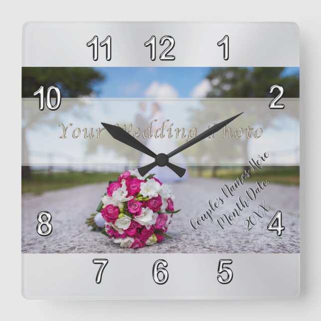 Horloge Carrée Photo, idées personnalisées de cadeau de mariage (Recto)