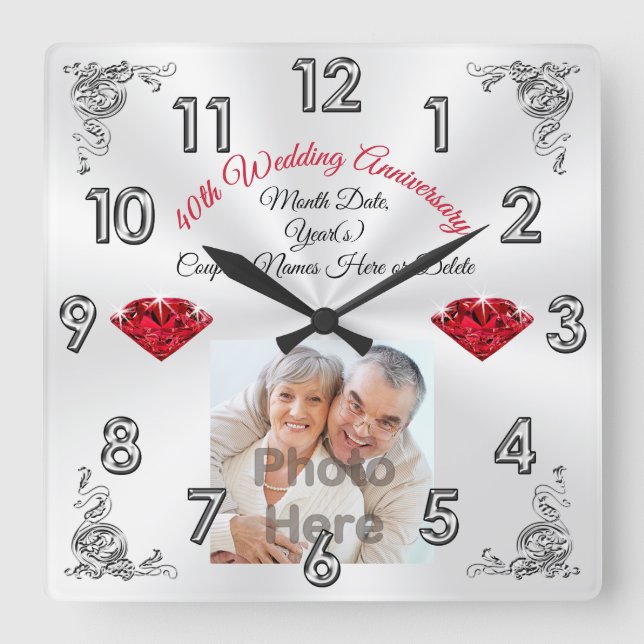Horloge Carrée Photo Personnalisée 40 ans de mariage idées cadeau (Recto)