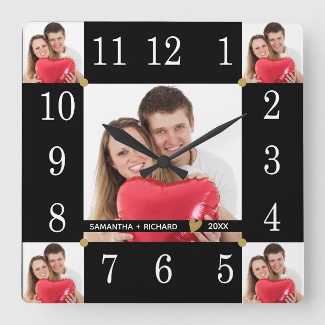 Horloge Carrée Photo personnalisée 5 Mariage Anniversaire noir (Recto)