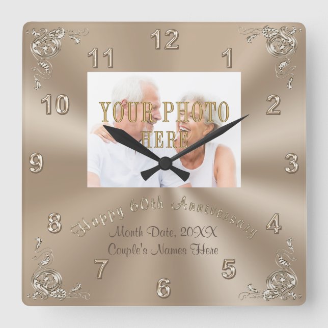 Horloge Carrée PHOTO PERSONNALISÉE 60e anniversaire de Mariage Ho (Recto)