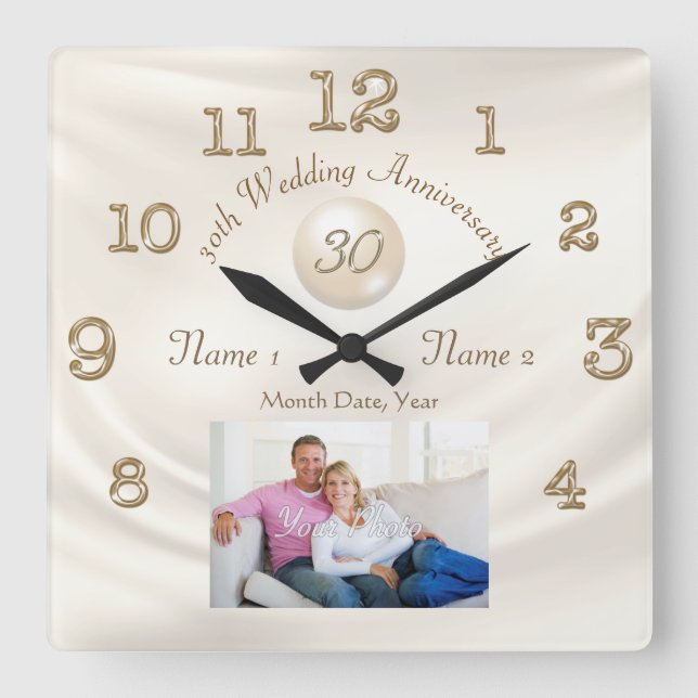 Horloge Carrée Photo personnalisée, cadeau du 30e anniversaire, P (Recto)