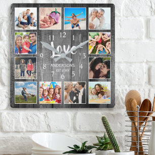 Horloge Carrée Photo personnalisée Collage rustique Farmhouse Lov