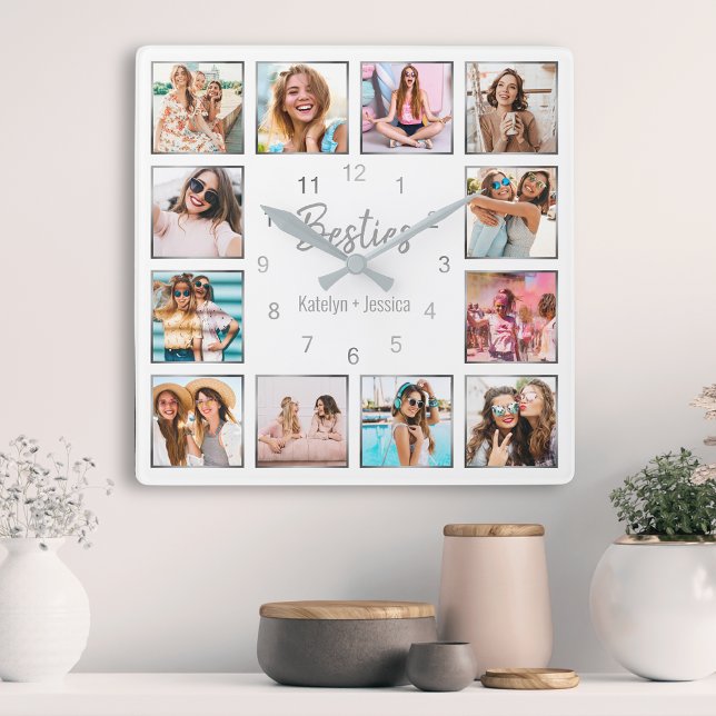 Horloge Carrée Photo personnelle de Collage White Silver Friendsh (Créateur téléchargé)