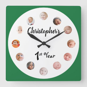 Horloge Carrée photos de bébé de 12 mois Vert personnalisé