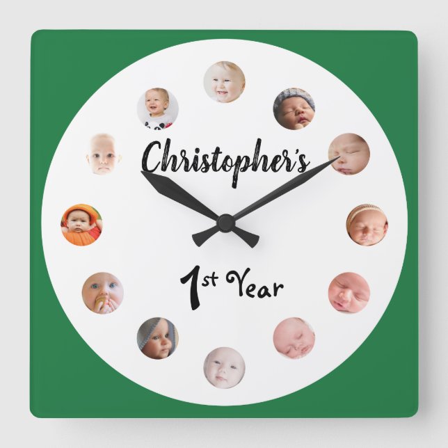 Horloge Carrée Photos de bébé de 12 mois vert personnalisé (Recto)
